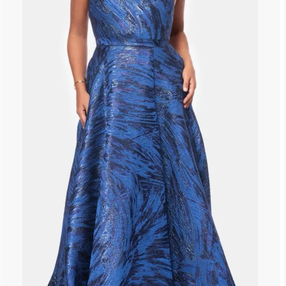 Xscape One Shoulder Blue Brocade Ballgown